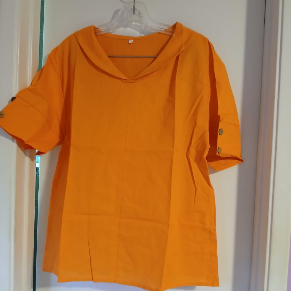 Women's V Neck Half Sleeve Collar Loose Top Orange NWT